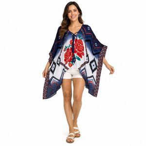 Sonoma One Size Tribal Floral Tie Neckline Rayon Gauze Poncho Top